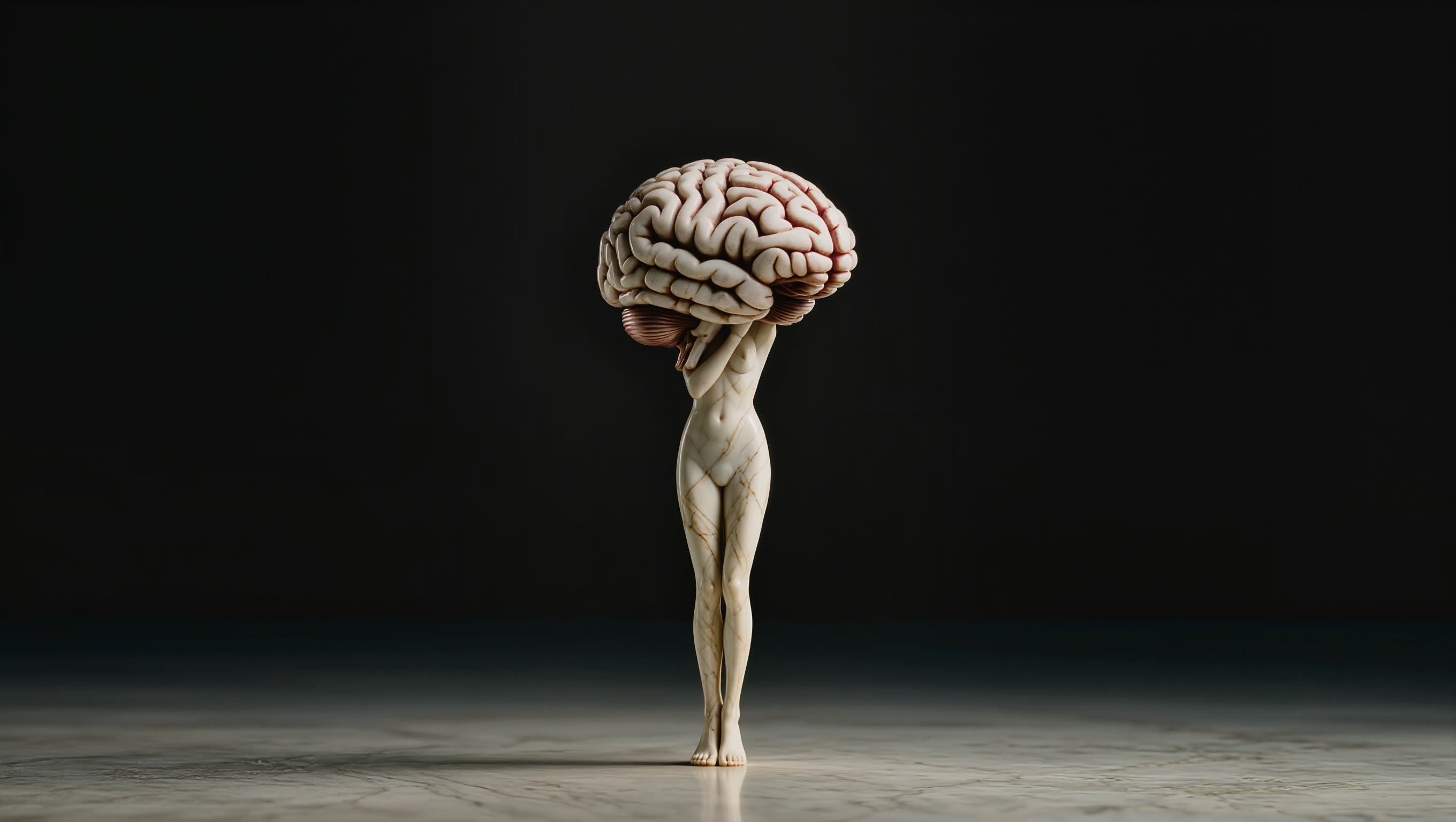 Sculpture of a marble human figure with a large brain as its head on a marble surface with a dark background.